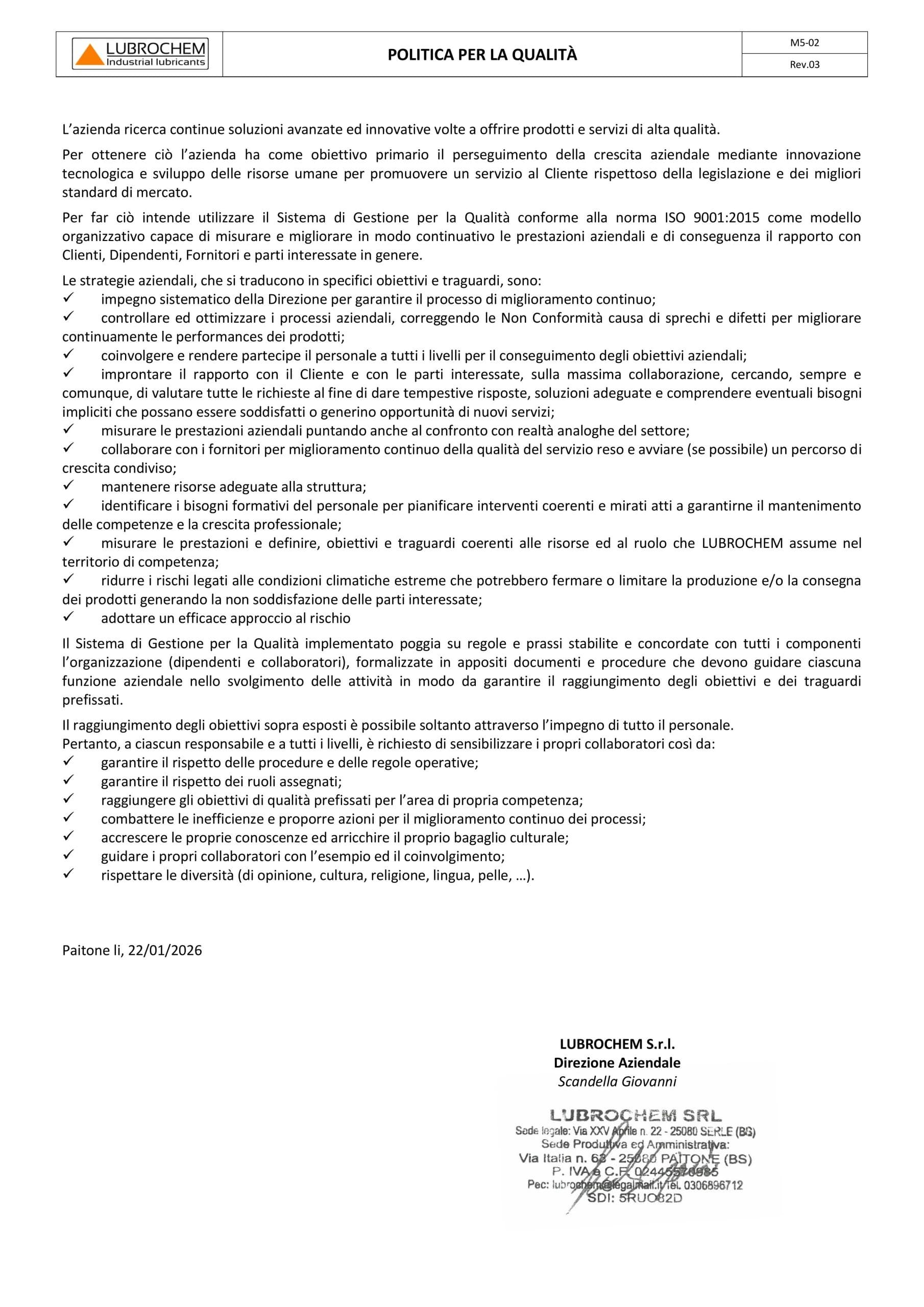 Anteprima documento Politica per la qualità